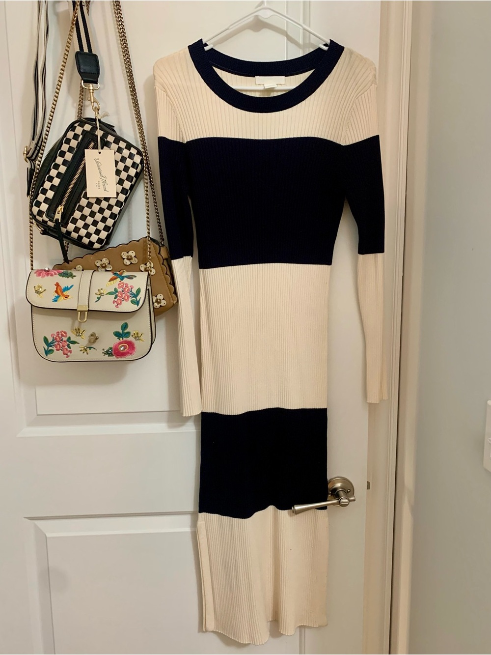 Ribbed Long Sleeve Midi Dress in Navy and Cream